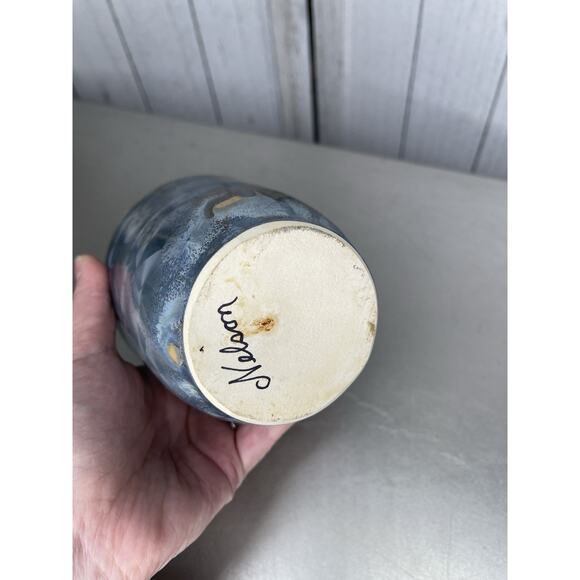 Vintage Crystalline Porcelain Vase Artist Signed Nelson Blue Metallic - Picture 4 of 7